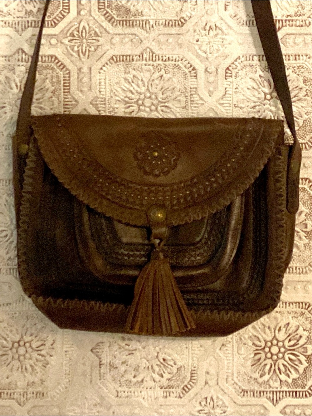 Patricia Nash Dark Brown Leather Floral-Embossed Crossbody with Tassel